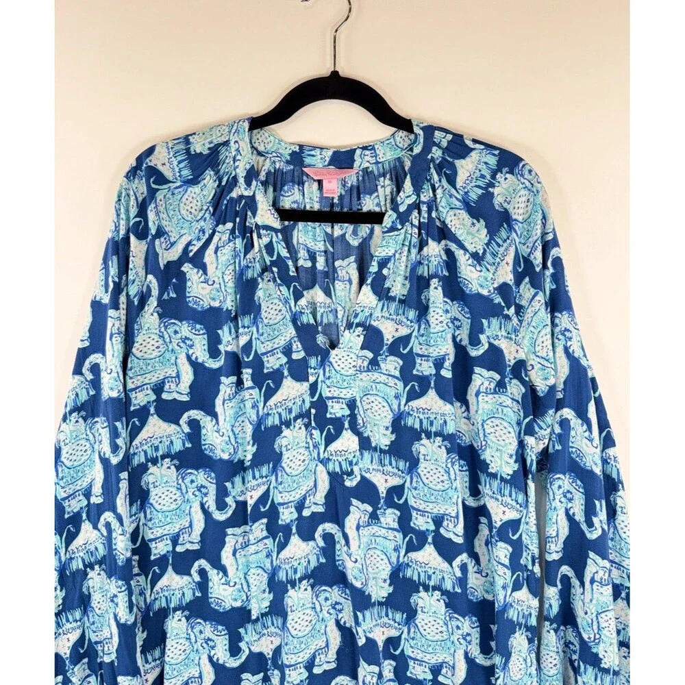 Lilly Pulitzer Womens Top Blue Martinique Elephant V Neck Blouse Casual Medium - Picture 7 of 13